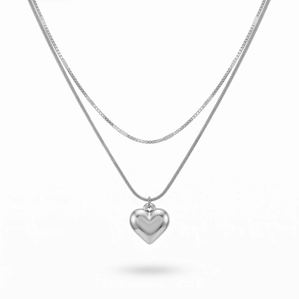 QIAOREN 11235 18K Gold Plated Double Layer Stainless Steel Heart Pendant Necklace Tarnish Free Waterproof Jewelry for Women