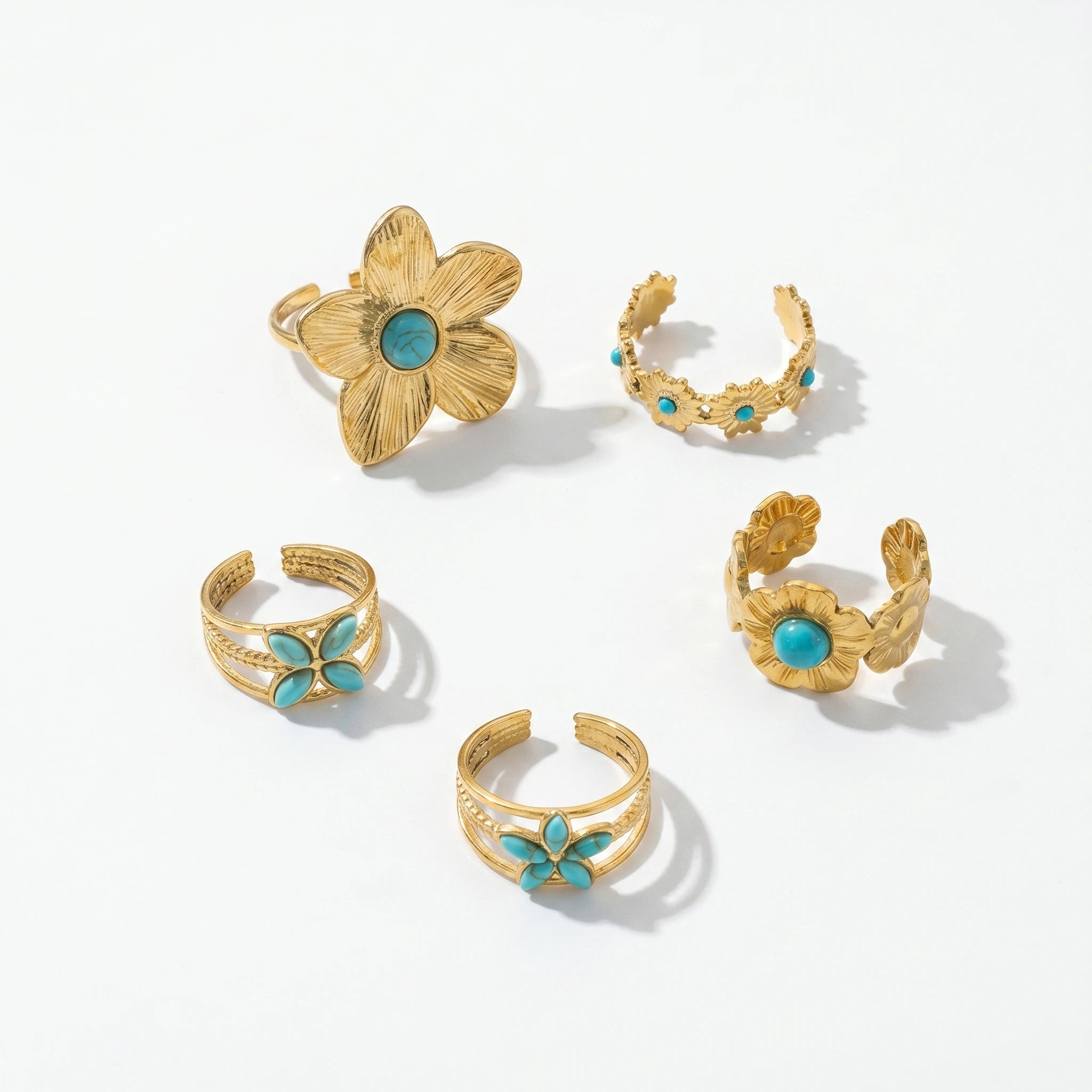 QIAOREN 13166-70 5Pcs Gold Stainless Steel Turquoise Open Ring Set Irregular Hammered Crown Adjustable Boho Stackable Rings