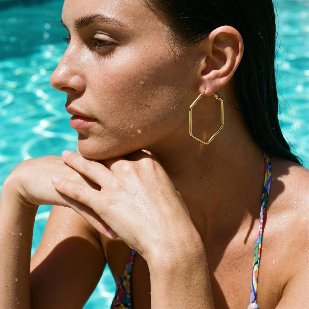QIAOREN 12307 Gold Plated Hexagon Hoop Earrings for Women Stainless Steel Geometric Minimalist Fashion Jewelry