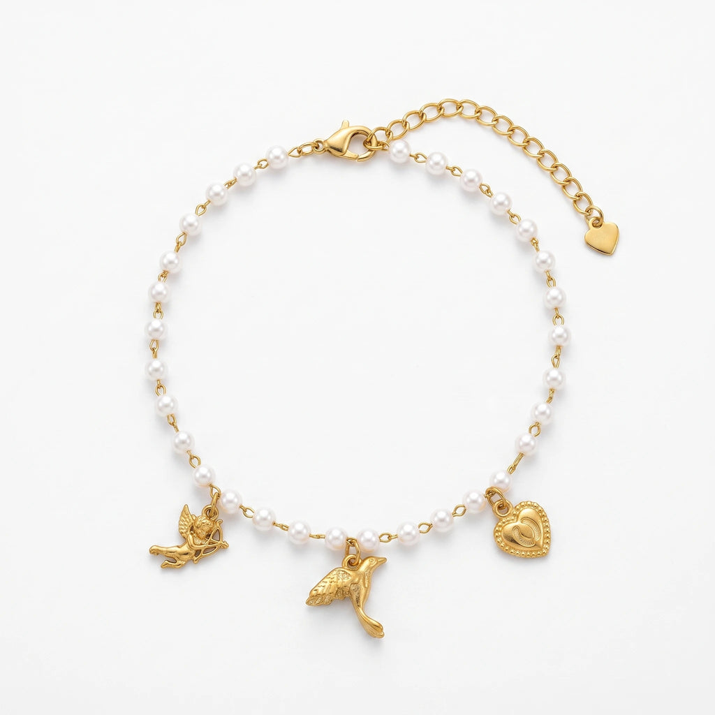 QIAOREN 13321 Sweet Tiny Pearl Anklet with Cupid, Dove & Heart Charms, Retro Love Foot Jewelry Gift for Daily Looks