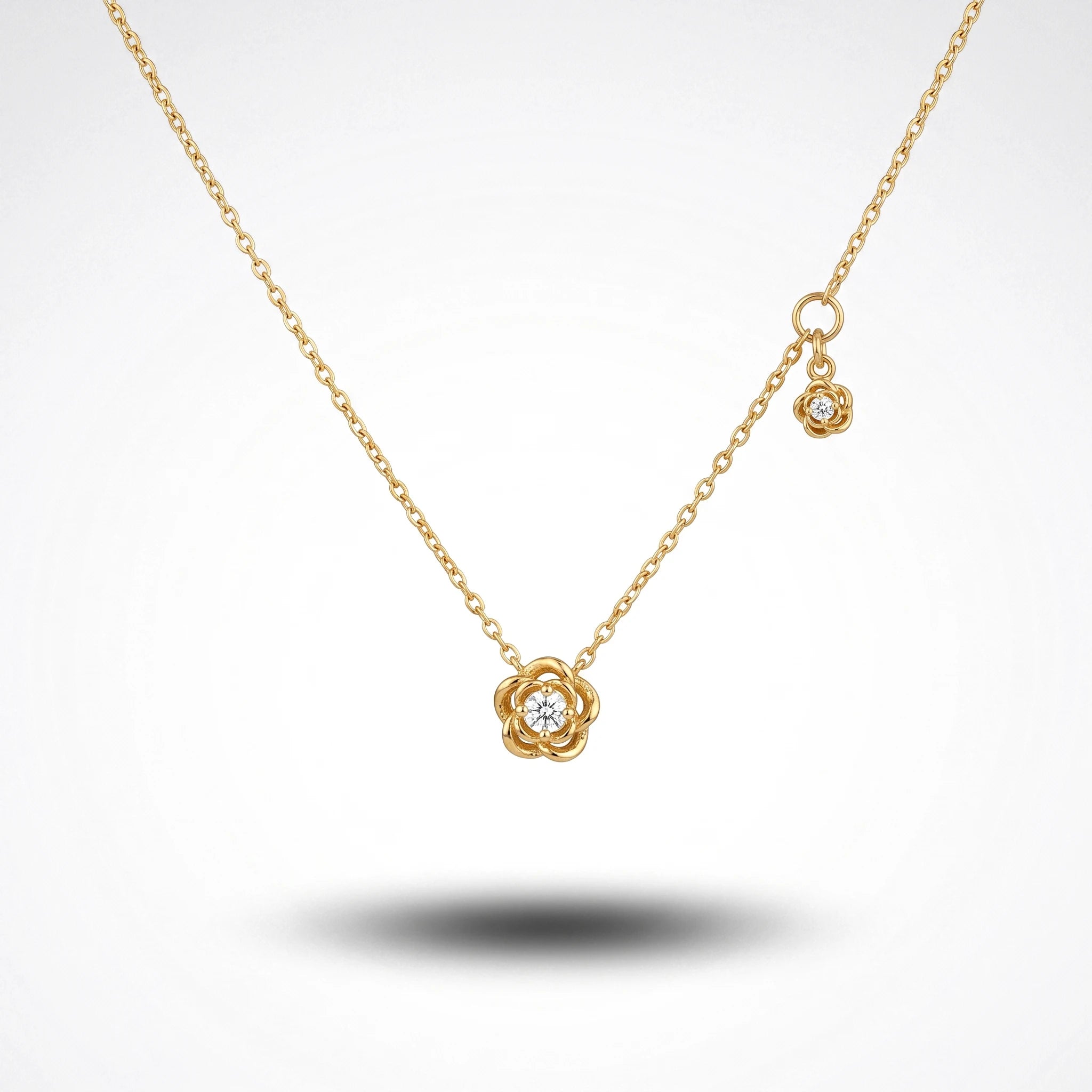 QIAOREN 13724 Thin Cable Chain Necklace with Two Hollow Layered Flower Charms Inlaid Single Round Clear Zircon Jewelry
