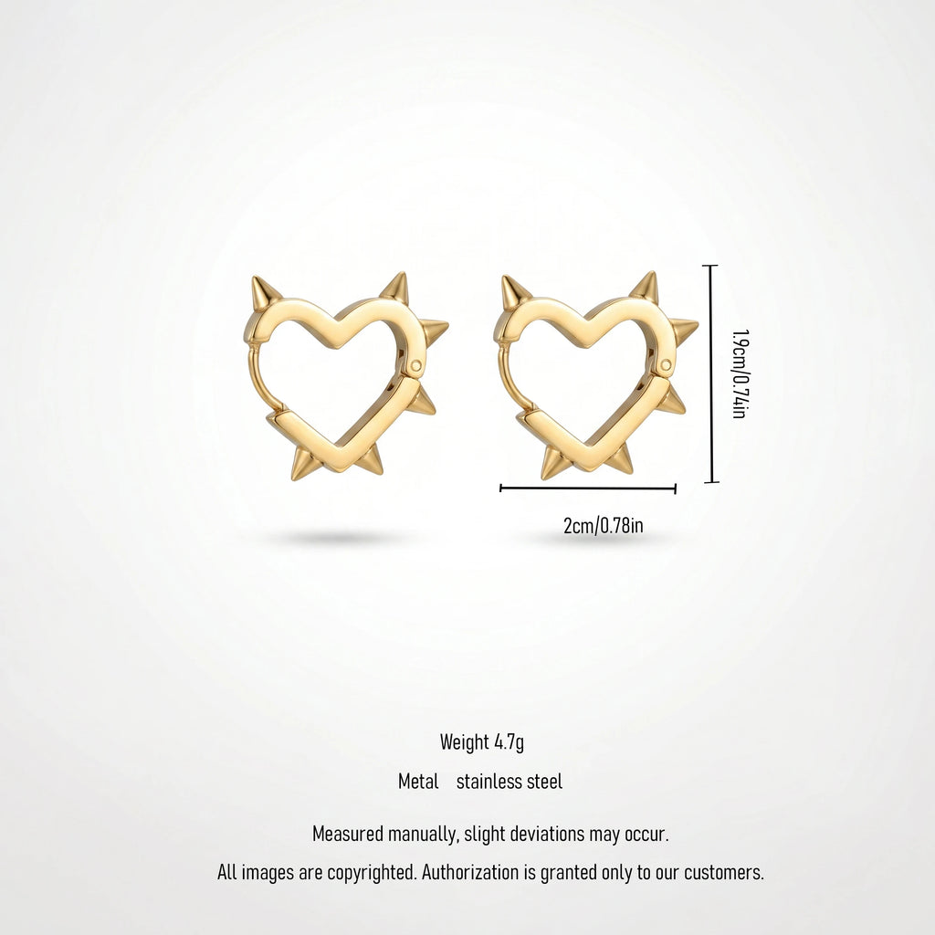 QIAOREN 13041 Edgy Spike Heart Huggie Hoop Earrings 18K Gold Stainless Steel Gothic Y2K Punk Rivet Heart Small Hoop Earring