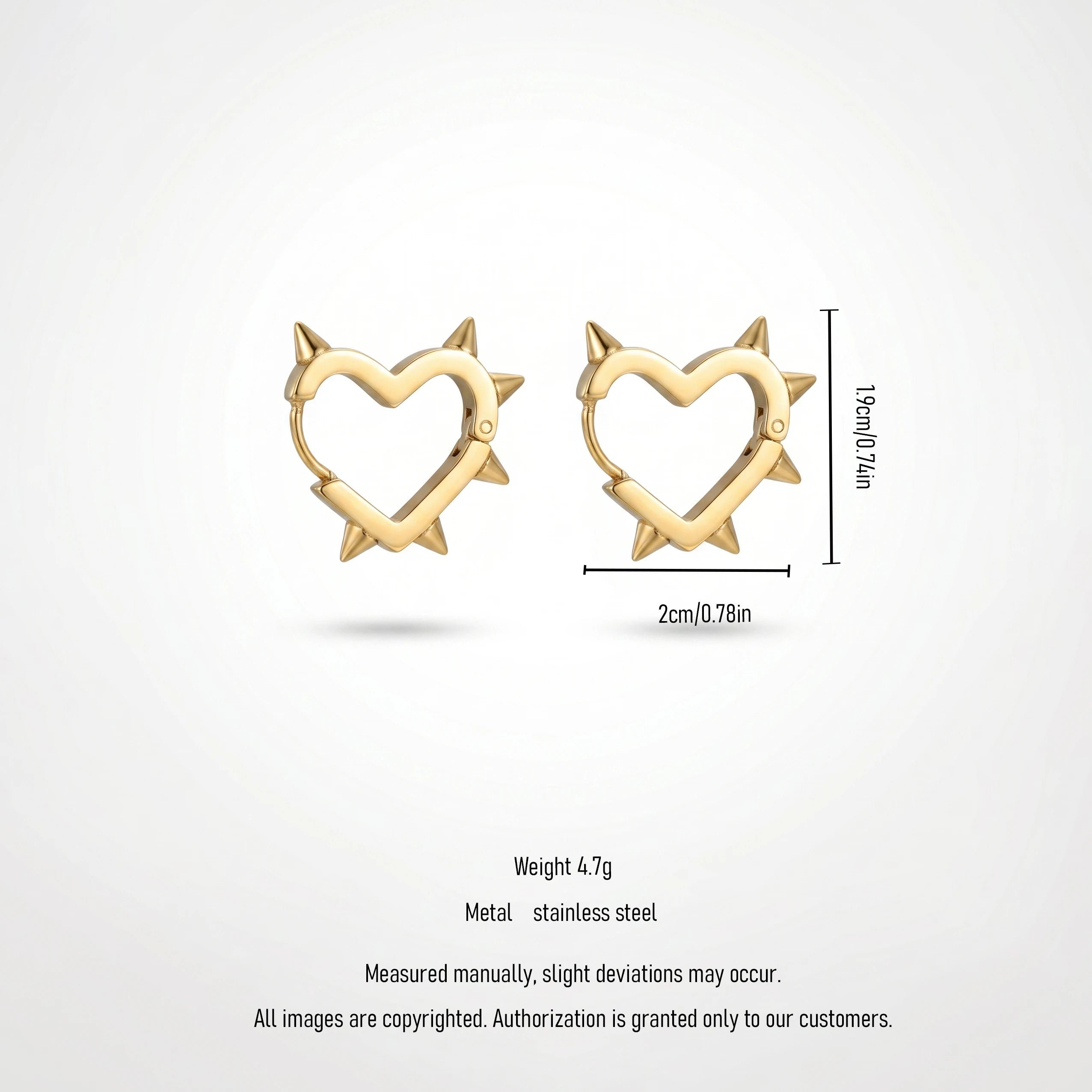 QIAOREN 13041 Edgy Spike Heart Huggie Hoop Earrings 18K Gold Stainless Steel Gothic Y2K Punk Rivet Heart Small Hoop Earring