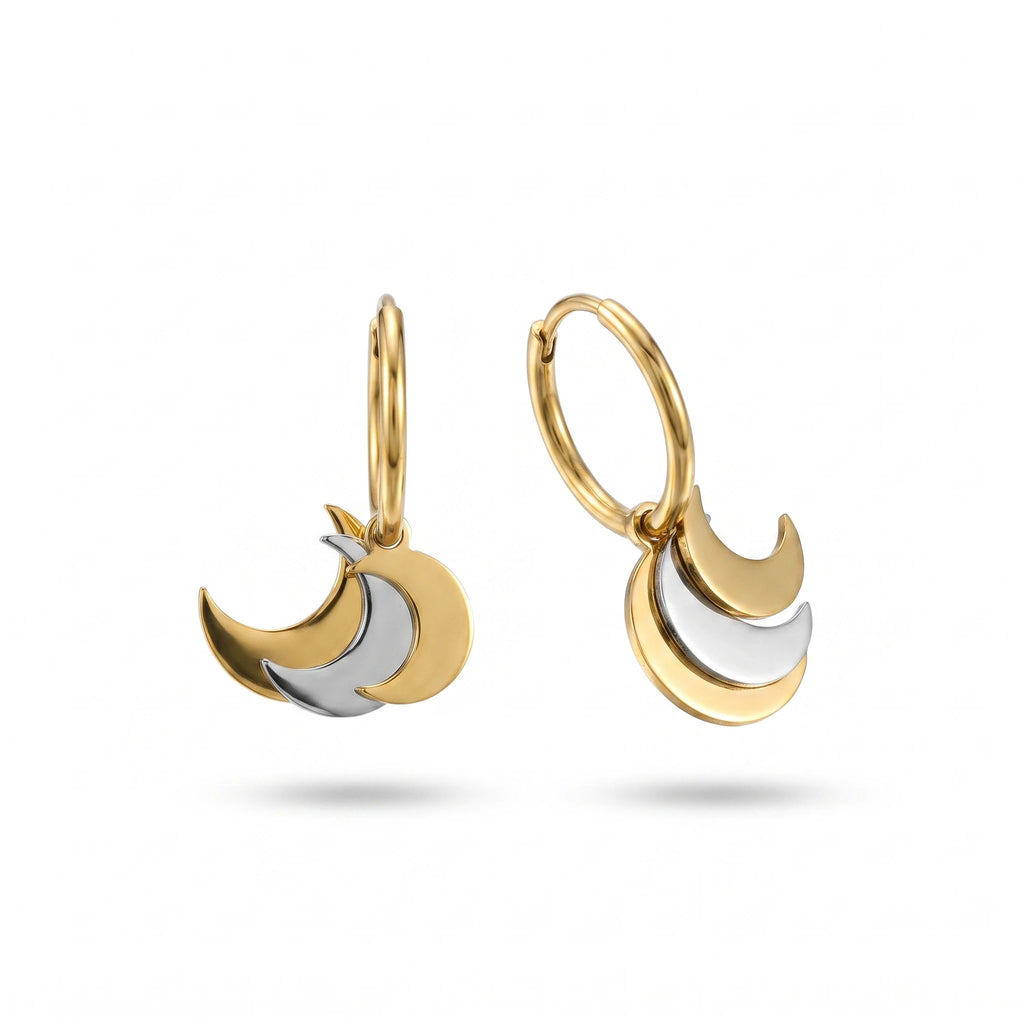 QIAOREN 14425 Two Tone Triple Crescent Moon Charm Huggie Hoop Earrings, Stainless Steel Small Hoop Earrings Jewelry Gift