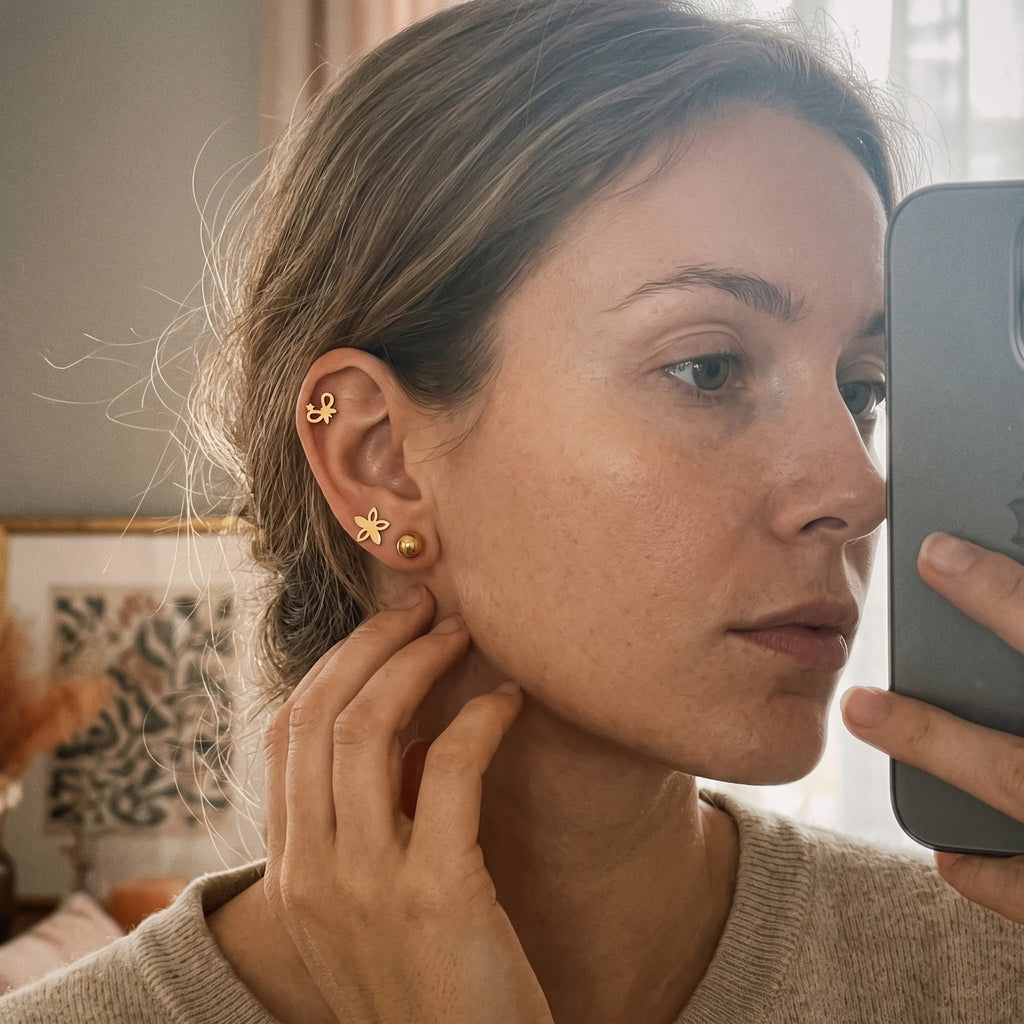 QIAOREN 14453 3 Pair Gold Stainless Steel Stud Earrings, Hollow Star Bow & Flower Studs for Daily Casual Fashion Outfits
