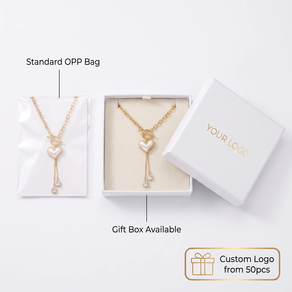 QIAOREN 14419 Heart Shell OT Toggle Tassel Necklace With Teardrop CZ, Stainless Steel Chain Necklace Jewelry Gift