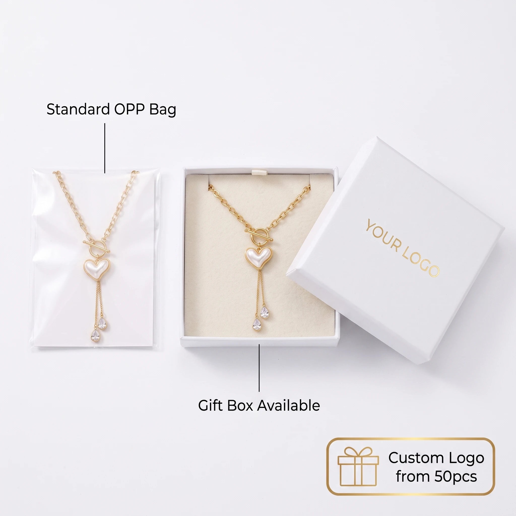QIAOREN 14419 Heart Shell OT Toggle Tassel Necklace With Teardrop CZ, Stainless Steel Chain Necklace Jewelry Gift