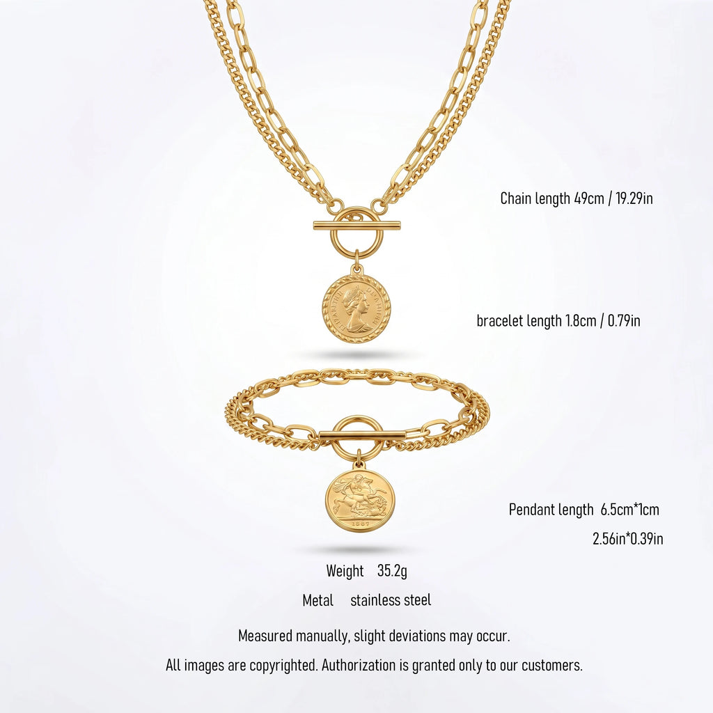 QIAOREN 10814 18K Gold Plated Stainless Steel Bezel Setting Vintage Coin Pendant Necklace Bracelet Set Dainty Toggle Jewelry