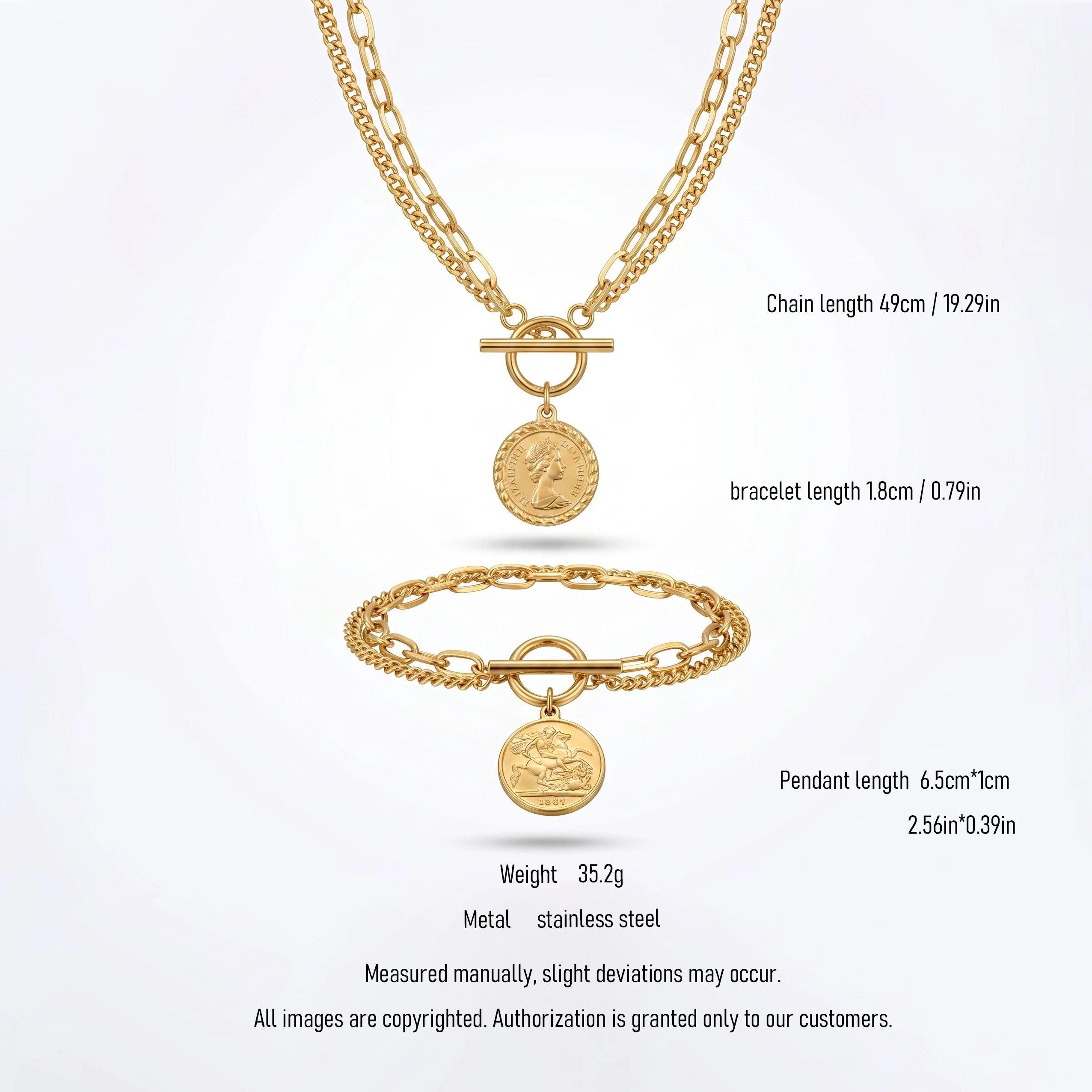 QIAOREN 10814 18K Gold Plated Stainless Steel Bezel Setting Vintage Coin Pendant Necklace Bracelet Set Dainty Toggle Jewelry