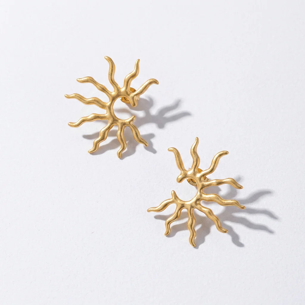 QIAOREN 10739 Stainless Steel Bohemian Sun Earrings, Gold/Silver Tone Sunburst Statement Studs for Women