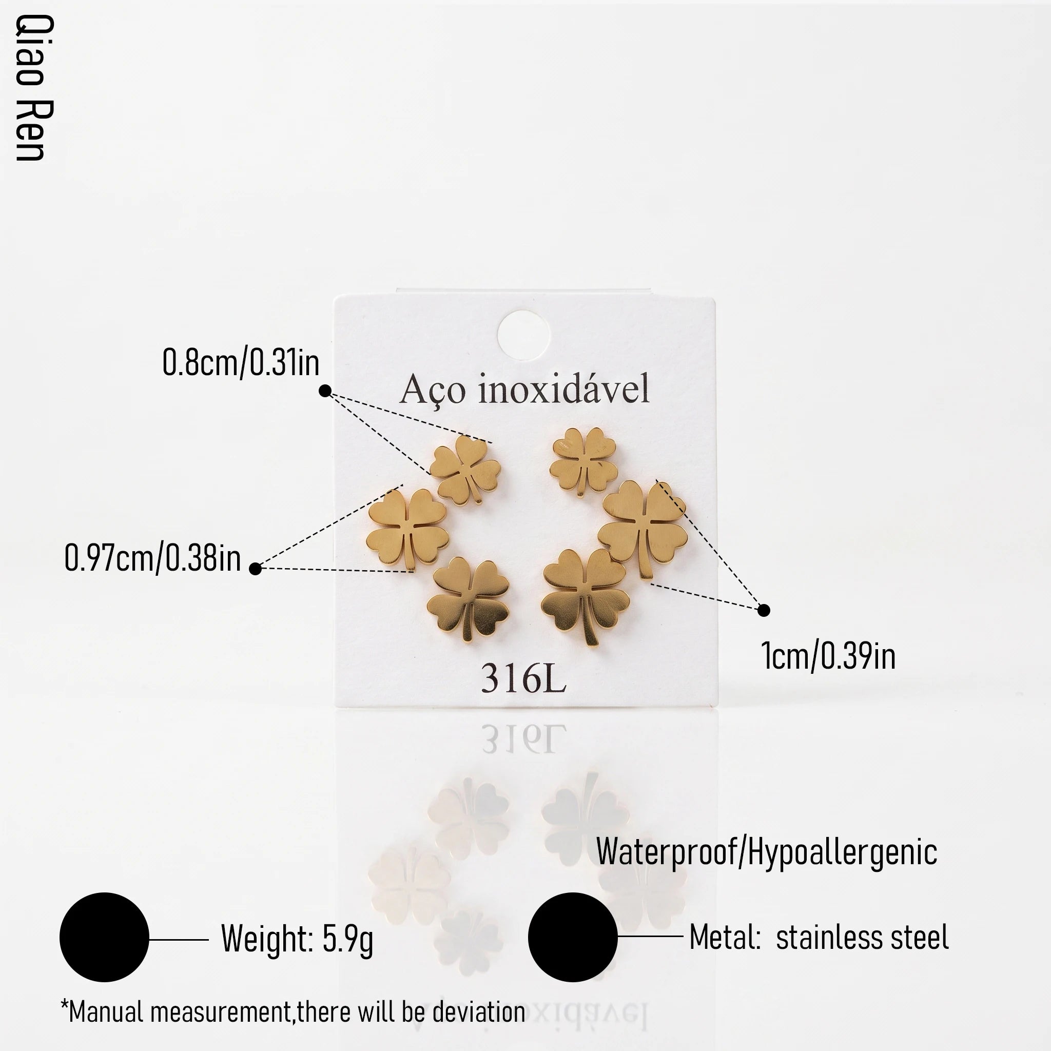 QIAOREN 14496 3 Pcs  Stainless Steel Clover Stud Earrings Set, Gold Multi Size Clover Tiny Ear Stud Lucky Earrings Jewelry Gift