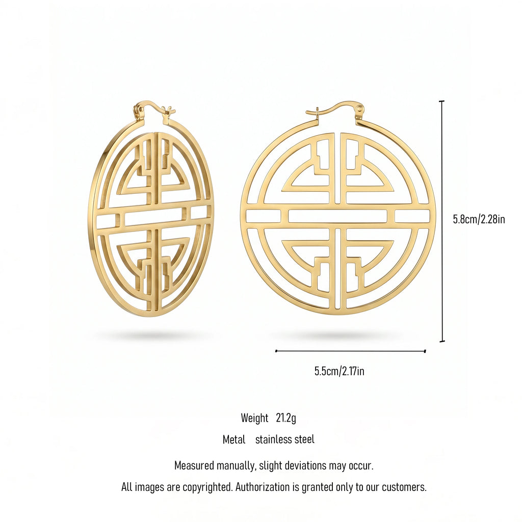 QIAOREN 11186 Vintage Chinese Style Hoop Earrings Gold Stainless Steel Hollow Geometric Statement Earrings for Women