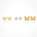 QIAOREN 13252 3 PCS Set 18K Gold Plated Stainless Steel Butterfly & CZ Stud Earrings Set Hollow Solid Butterfly Round Zircon