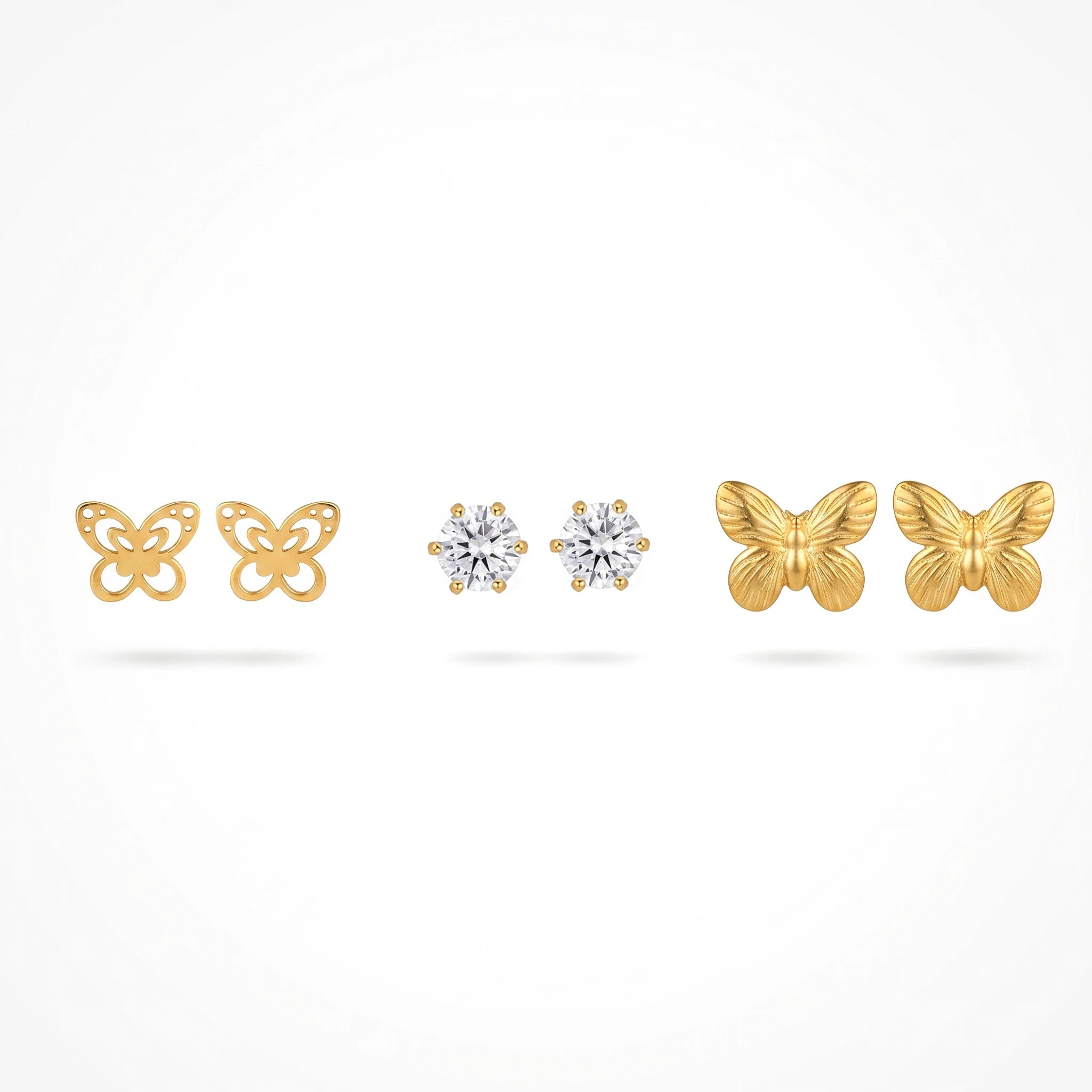 QIAOREN 13252 3 PCS Set 18K Gold Plated Stainless Steel Butterfly & CZ Stud Earrings Set Hollow Solid Butterfly Round Zircon