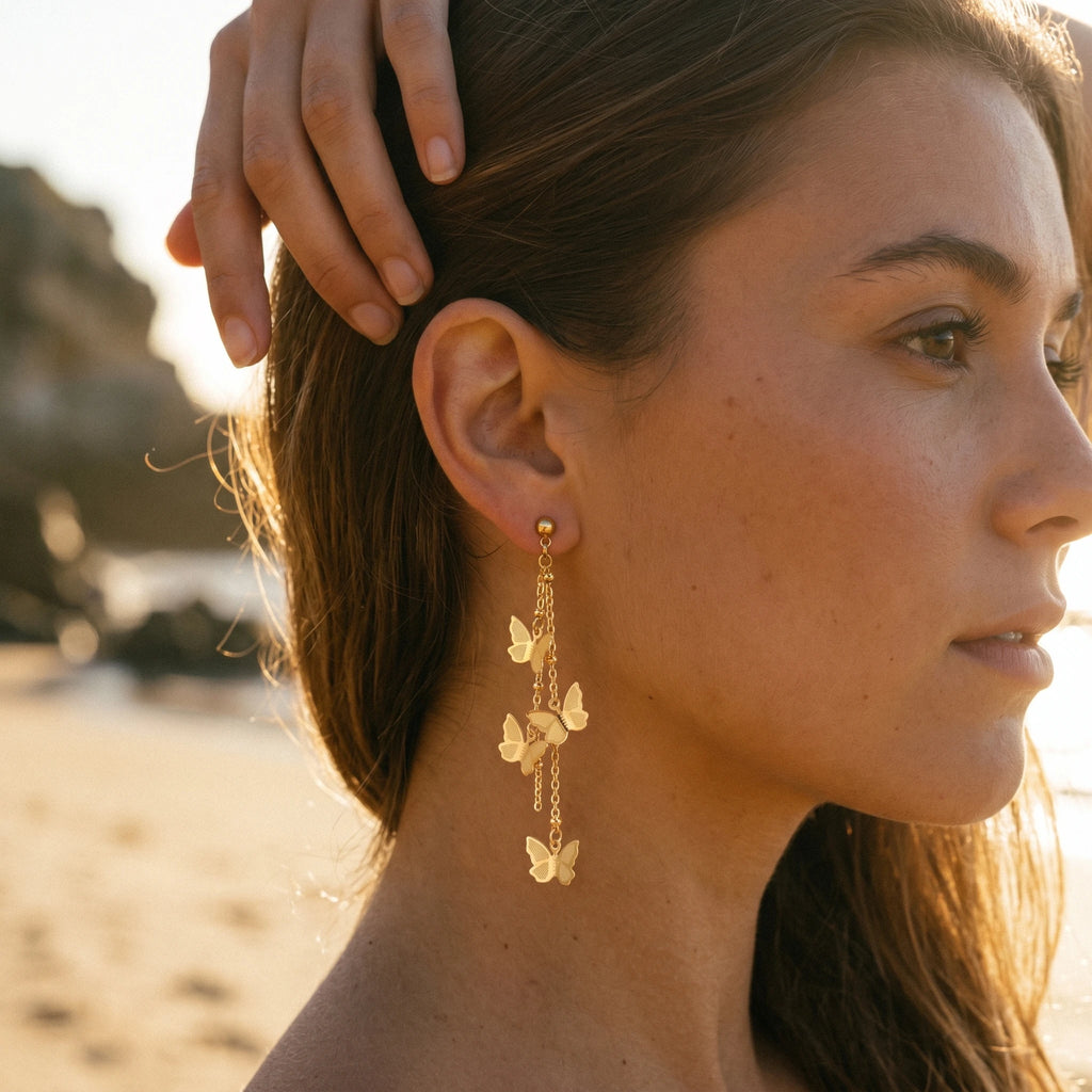 QIAOREN 10788 Dainty Long Tassel Butterfly Dangle Earrings 18K Gold Plated Stainless Steel Waterproof Non Tarnish Women Jewelry