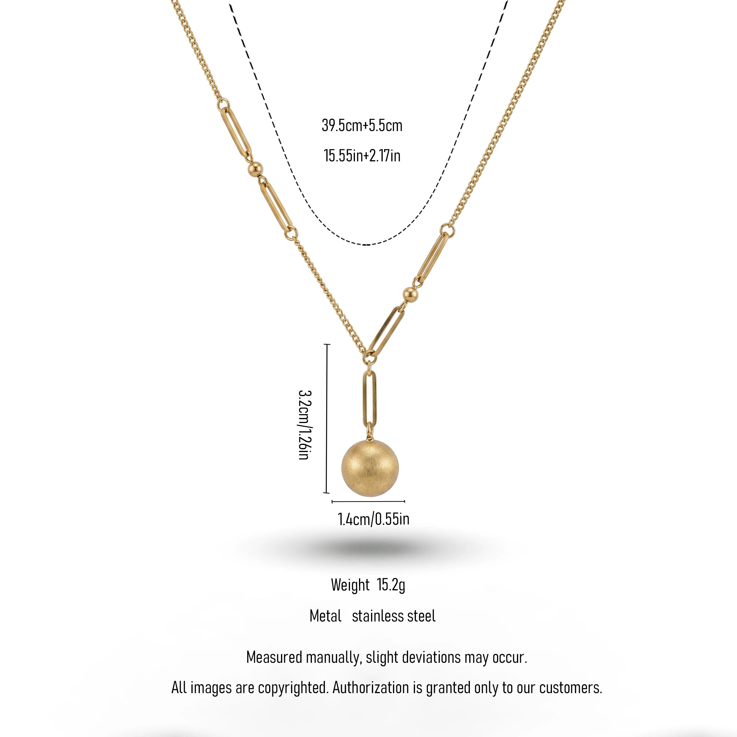 QIAOREN 13986 Mixed Link Chain Pendant Necklace with Matte Frosted Round Ball Charm, Polished Gold