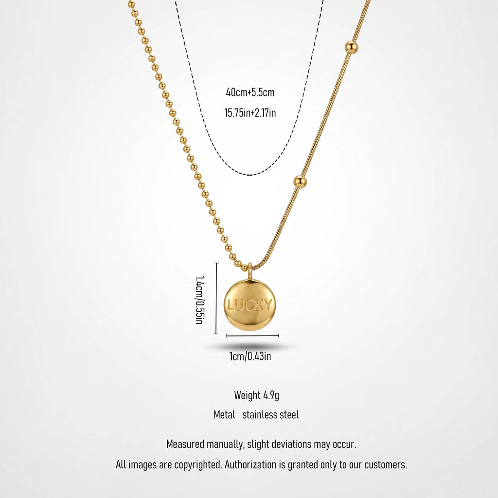 QIAOREN 13760 Asymmetric Dual Link Chain Pendant Necklace with Engraved LUCKY Round Disc Charm, Mixed Ball Bead & Snake Jewelry