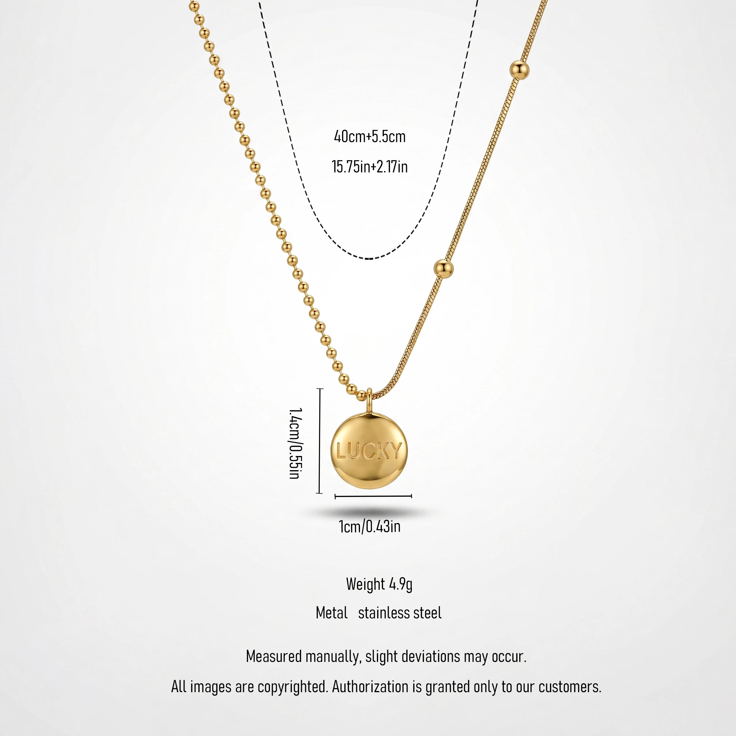 QIAOREN 13760 Asymmetric Dual Link Chain Pendant Necklace with Engraved LUCKY Round Disc Charm, Mixed Ball Bead & Snake Jewelry
