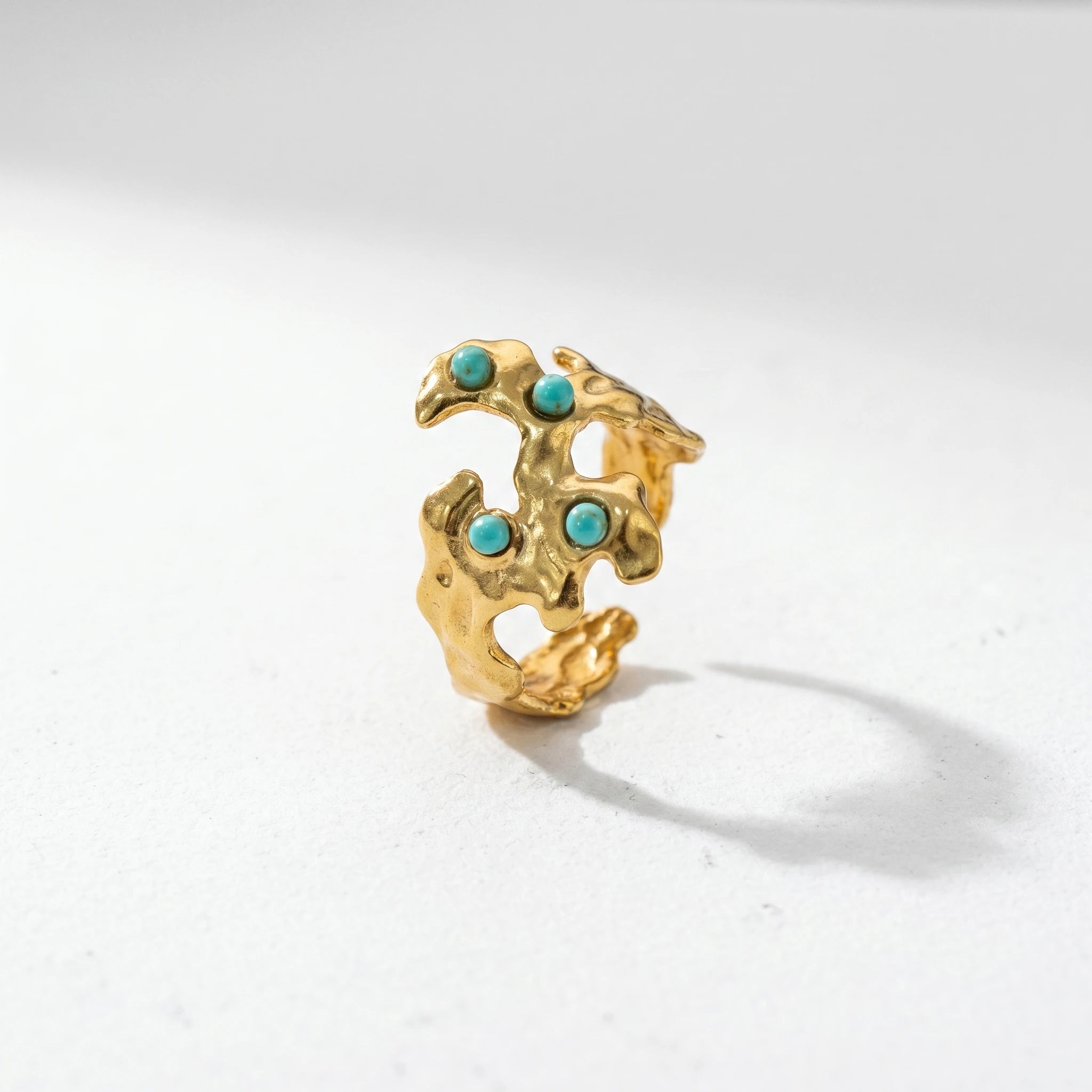 QIAOREN  5Pcs Gold Stainless Steel Turquoise Open Ring Set Irregular Hammered Crown Adjustable Boho Stackable Rings