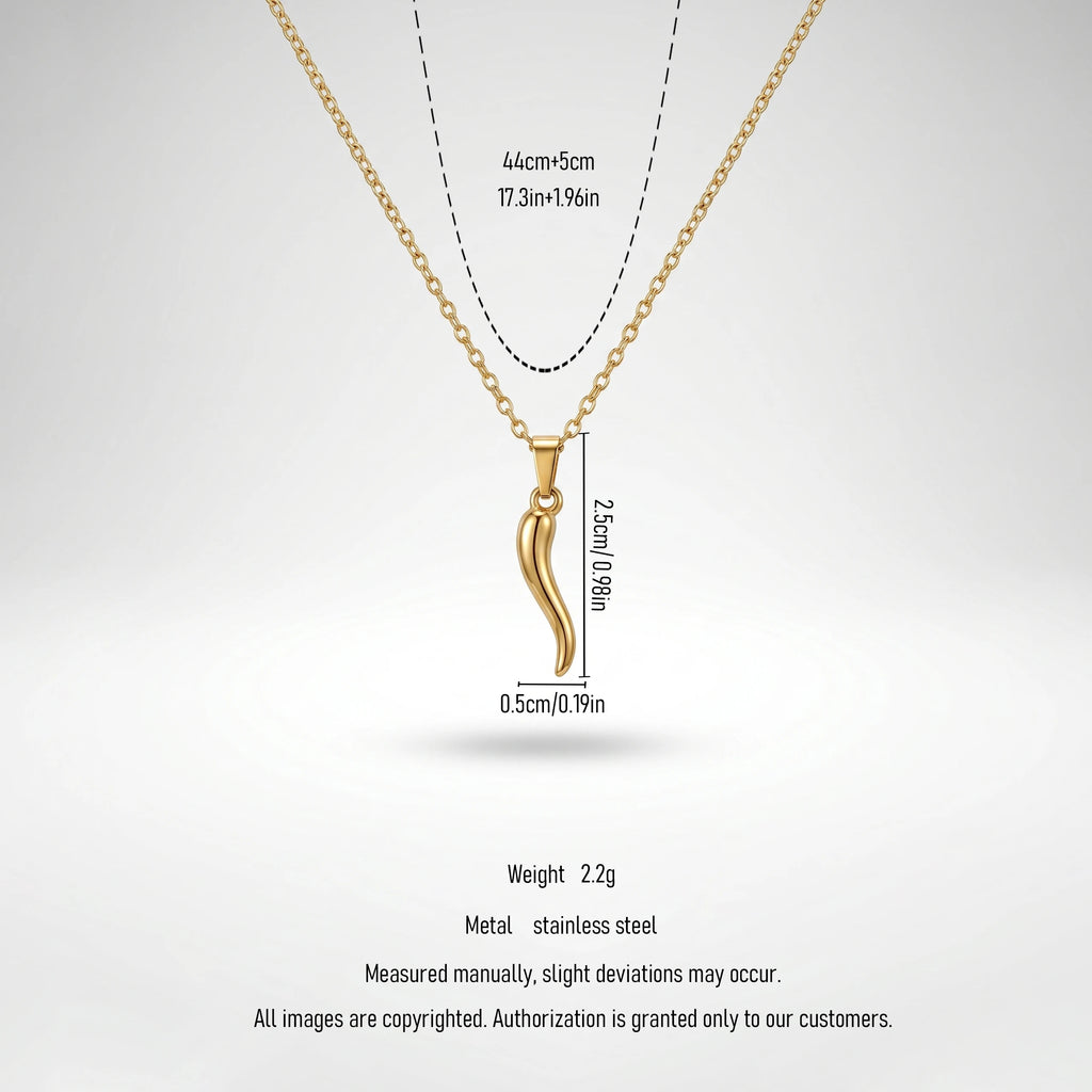 QIAOREN 11953 Elegant Minimalist Italian Horn Necklace Gold Stainless Steel Lucky Chili Pendant Protection Amulet Gift for EU US