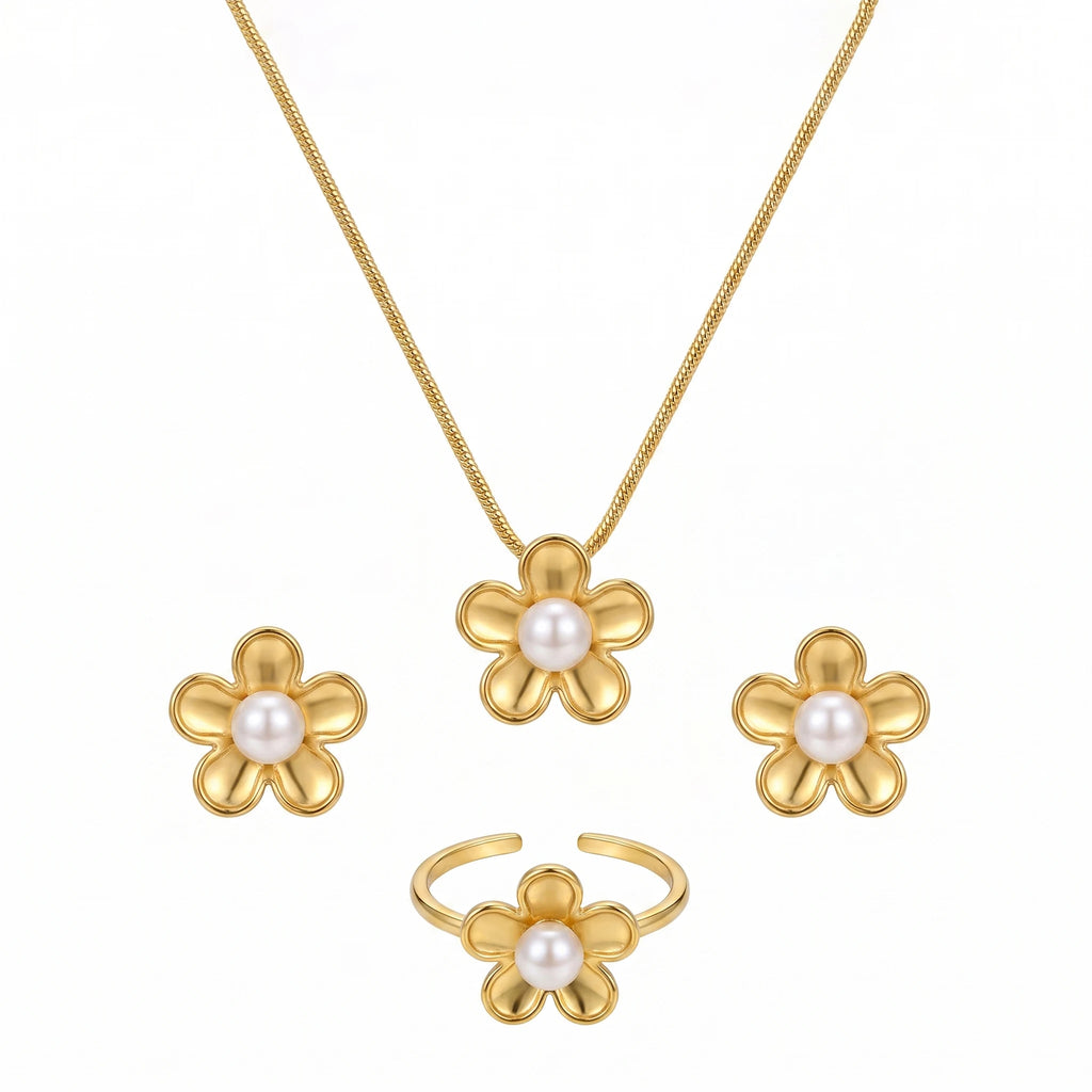 QIAOREN 11634 Hypoallergenic 18K Gold Plated Stainless Steel Puffy Daisy Flower Women's Jewelry Set Pearl Snake Chain Necklace