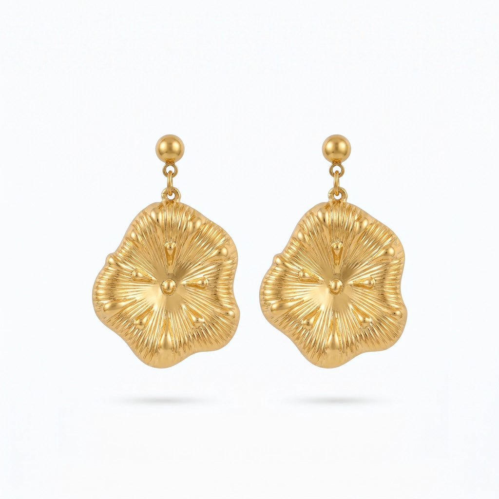 QIAOREN11776 Minimalist Embossed Wavy Floral Dangle Earrings Gold Stainless Steel Fashion Jewelry for Western Girls Vacation