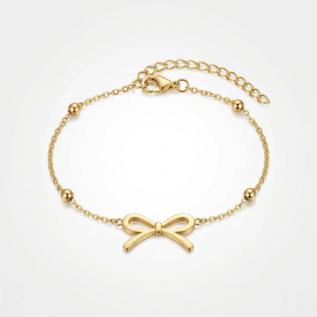 QIAOREN 11418 18K Gold Plated Bow Charm Bracelet With Ball Beads Stainless Steel Tarnish Free Waterproof Jewelry