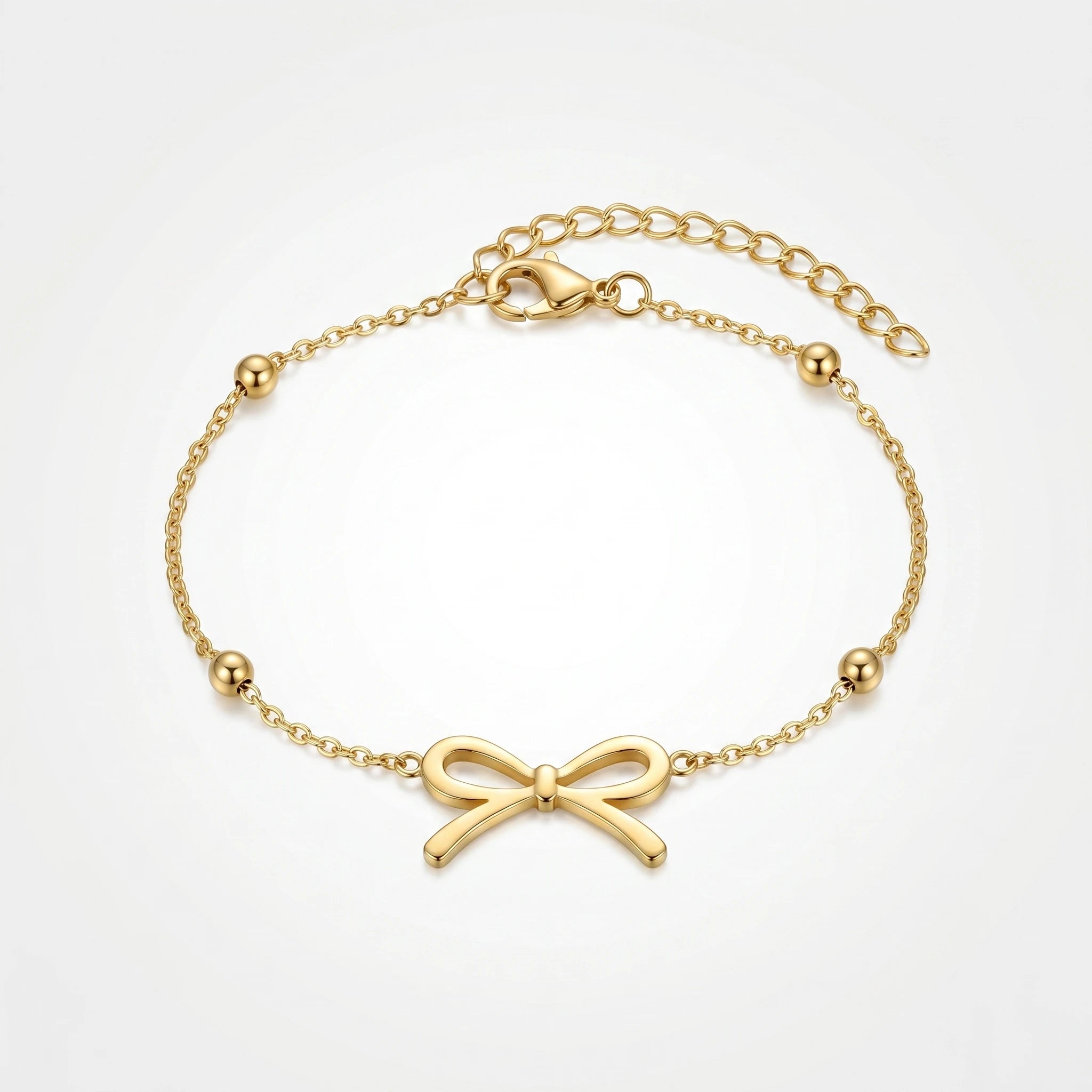 QIAOREN 11418 18K Gold Plated Bow Charm Bracelet With Ball Beads Stainless Steel Tarnish Free Waterproof Jewelry
