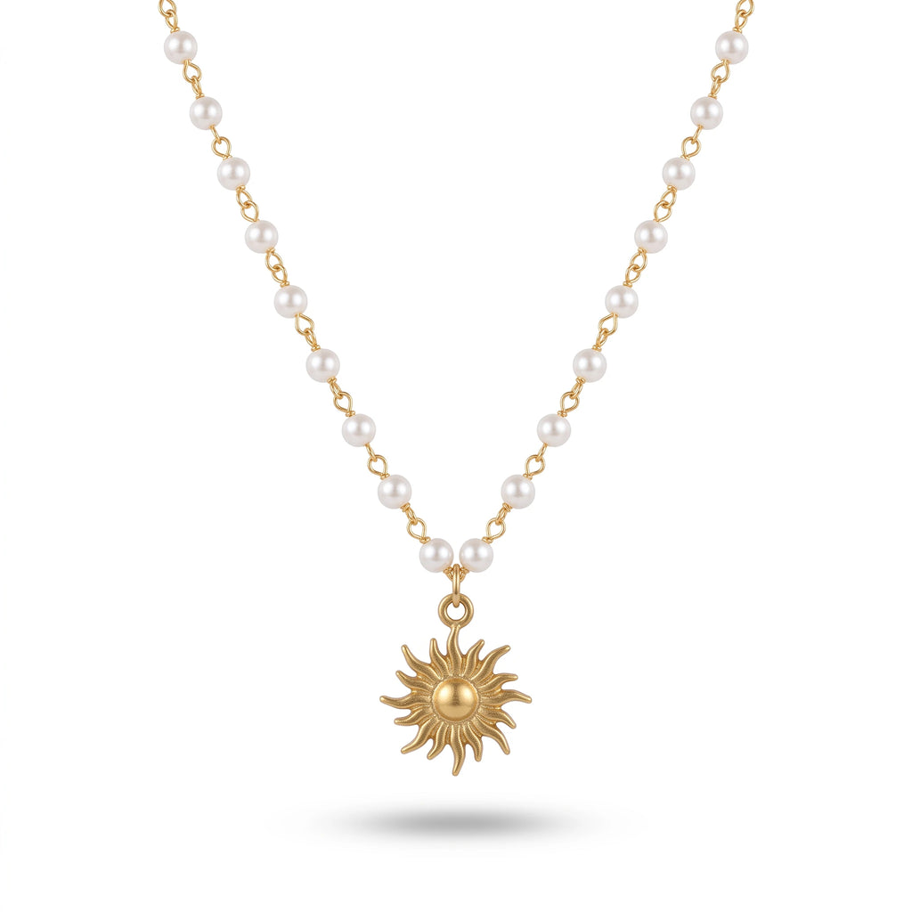 QIAOREN 13932 Pearl Beaded Chain Pendant Necklace with Textured Sunburst Sun Charm, Polished Gold Boho Sunshine