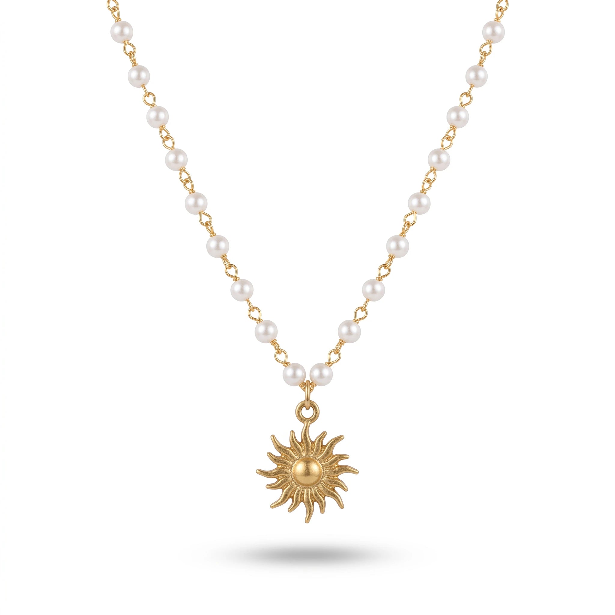 QIAOREN 13932 Pearl Beaded Chain Pendant Necklace with Textured Sunburst Sun Charm, Polished Gold Boho Sunshine