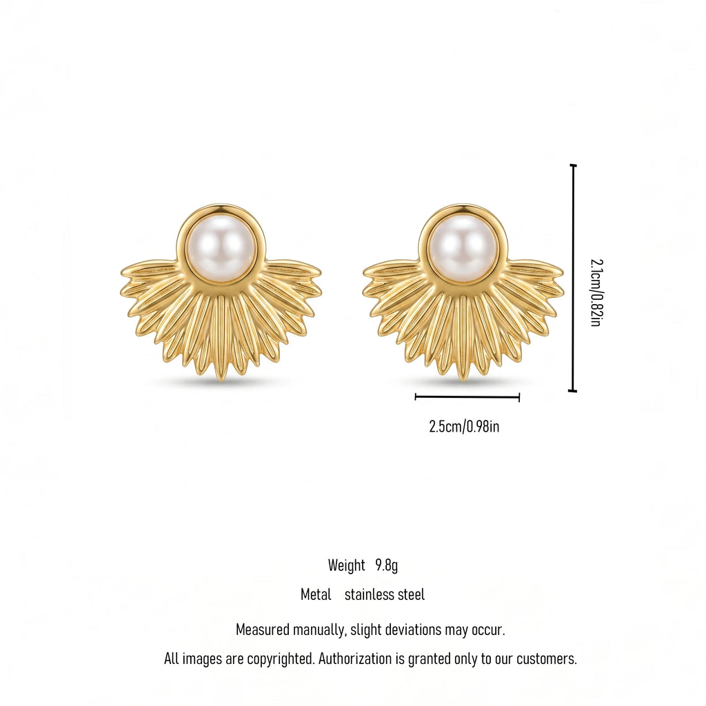 QIAOREN 12238 Art Deco Pearl Sunburst Stud Earrings Stainless Steel Gold Radiating Fan Celestial Earrings for Women US EU Hot