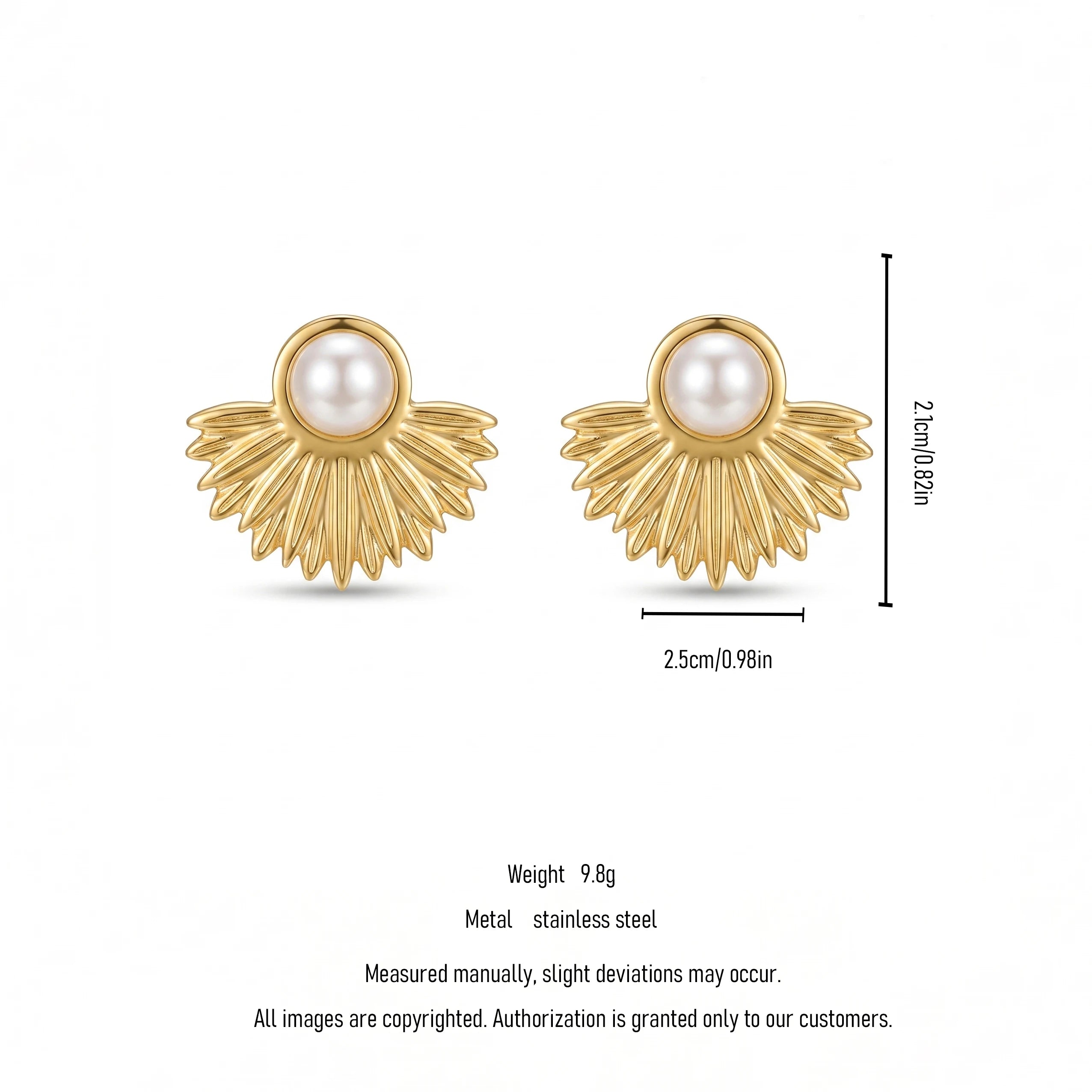 QIAOREN 12238 Art Deco Pearl Sunburst Stud Earrings Stainless Steel Gold Radiating Fan Celestial Earrings for Women US EU Hot