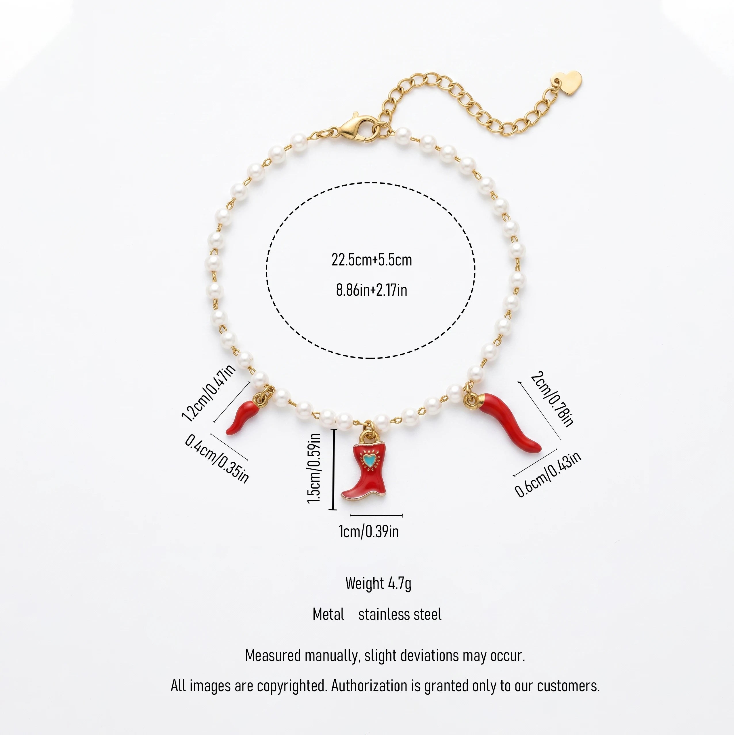 QIAOREN 13329 Western Pearl Anklet with Red Chili & Cowboy Boot Charms, Retro Country Foot Jewelry Gift for Trendy Daily Outfits