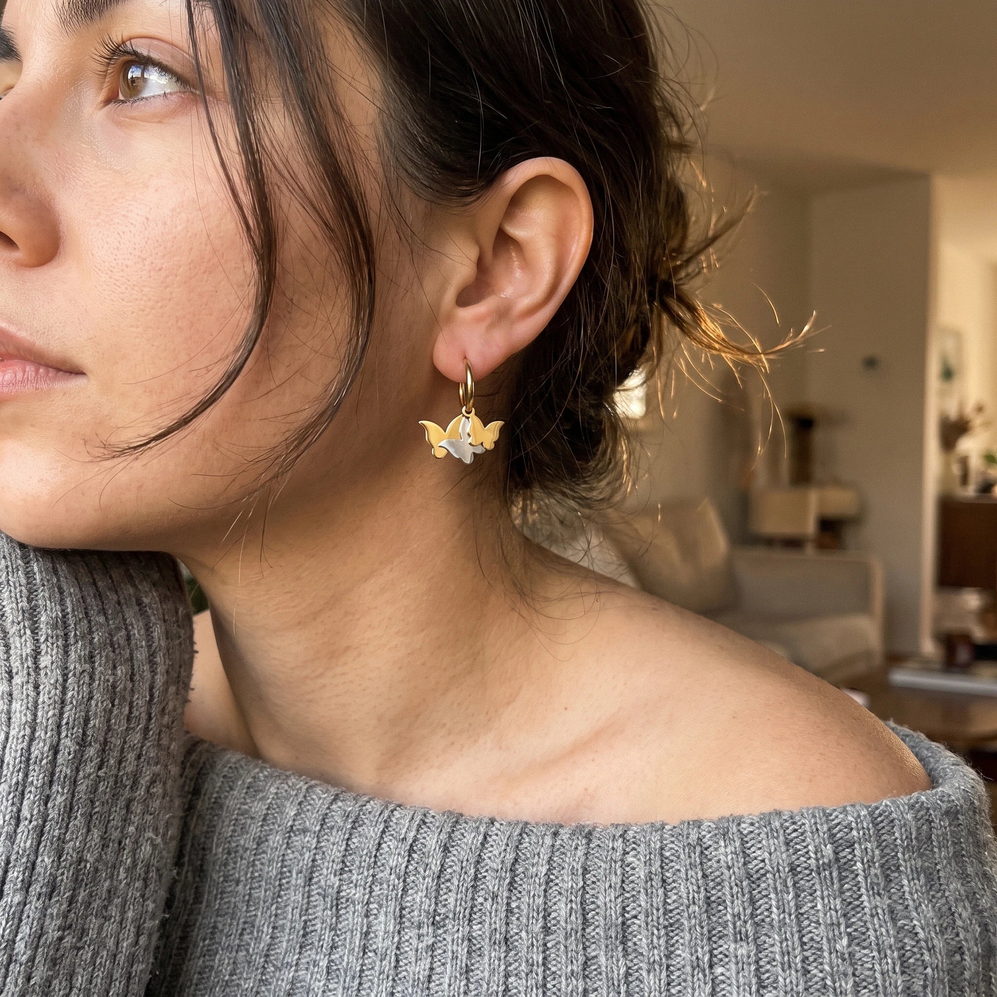QIAOREN 14426 Stainless Steel Gold Plated Two-Tone Triple Butterfly Charm Huggie Hoop Earrings Small Gift for Daily Outfits